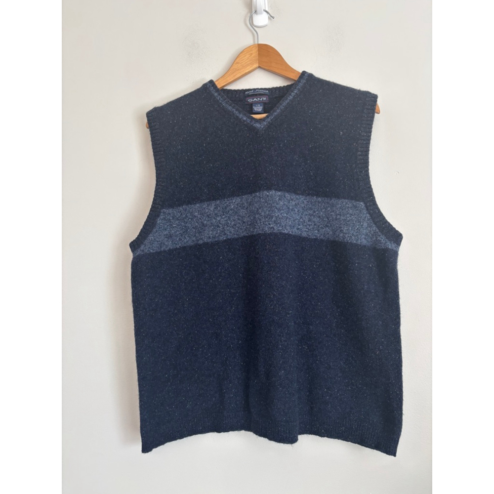 Vtg GANT Mens Large 100% Lambswool V-Neck Sweater Vest Navy Gray Academia Peppy